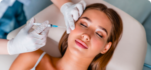 Profissional de estética aplicando tratamento de Botox nas bochechas de uma paciente deitada em uma mesa. Procedimento estético não invasivo para suavizar rugas e linhas de expressão, proporcionando uma aparência rejuvenescida e natural.